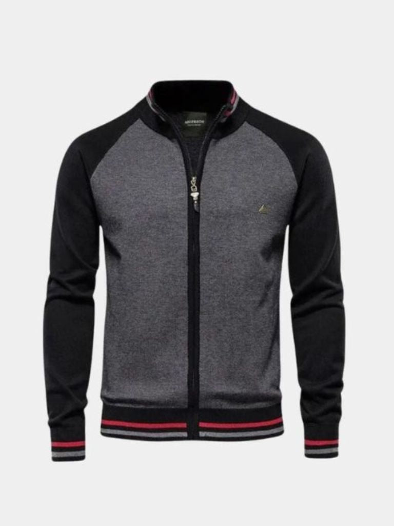 Zipper Color Block Standing Collar Cardigan Sweater - Brooksfor