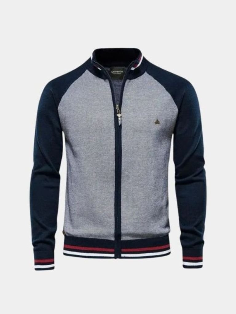 Zipper Color Block Standing Collar Cardigan Sweater - Brooksfor