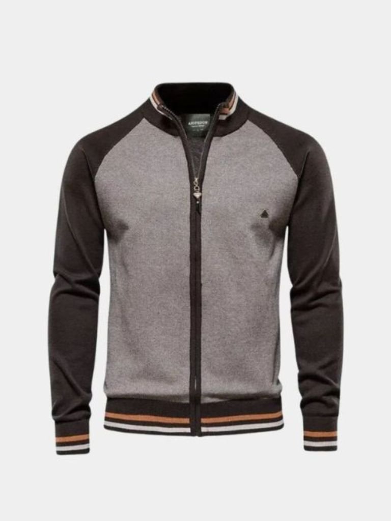 Zipper Color Block Standing Collar Cardigan Sweater - Brooksfor