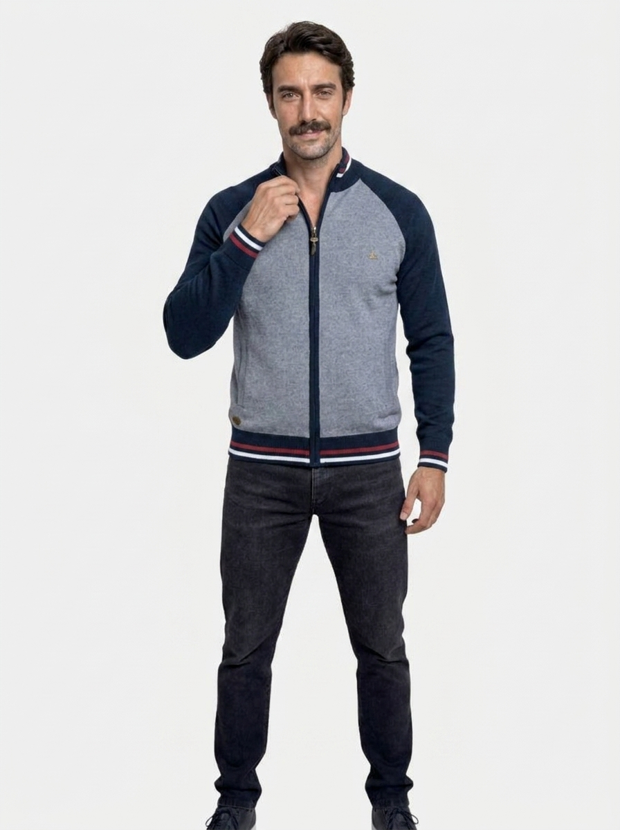 Zipper Color Block Standing Collar Cardigan Sweater - Brooksfor